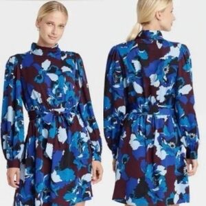 Who What Wear Blue Floral Long Sleeve Tie Waist High Neck Shoulder Button Dress